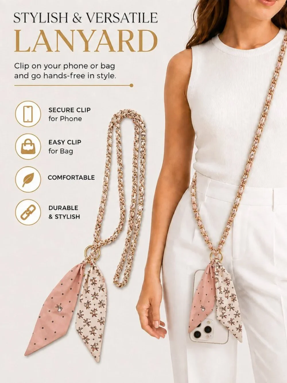 Ribbon Chain Phone Crossbody Lanyard with clear Tether Patch